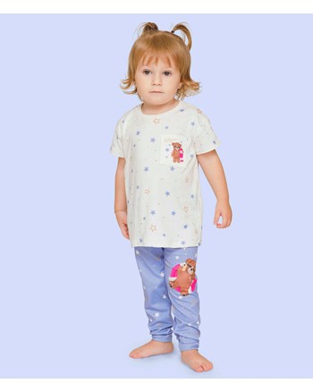 Pijama Calça Infantil Feminino Branco e Azul Manga Curta Lua Lua