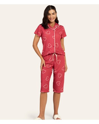 Pijama Capri Abotoado Manga Curta Lua Encantada