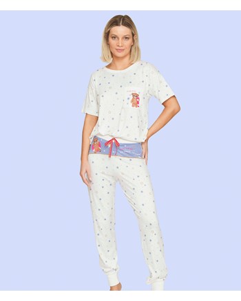 Pijama Feminino Branco Calça Manga Curta Lua Lua