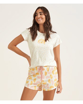 Pijama Feminino Branco e Amarelo 100% Algodão Manga Curta Cor Com Amor