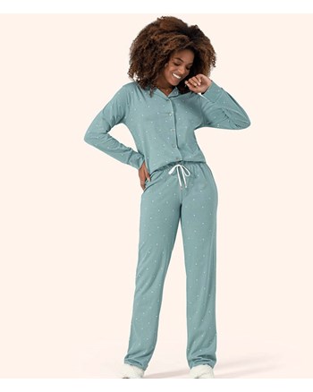 Pijama Feminino Calça Manga Longa Abotoado Lua Encantada