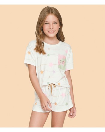 Pijama Feminino Infantil Branco Manga Curta Lua Lua