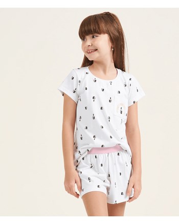 Pijama Manga Curta Infantil Feminino Branco 100% Algodão Cor Com Amor