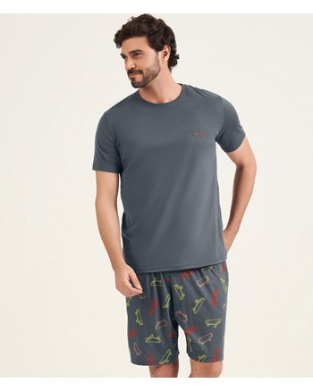 Pijama Masculino Cinza Manga Curta 100% Algodão Cor Com Amor